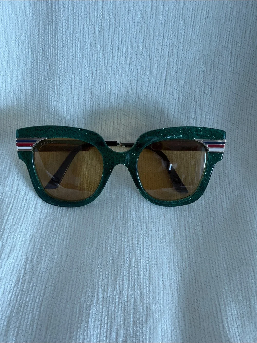 Gucci Emerald Green Glitter Square Sunglasses with Brown Lenses